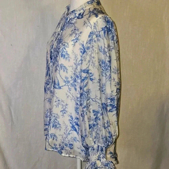 Fate Elegance In Bloom Blue Floral Bohochic Ruffle Neck Long Sleeve Blouse SZ M - Picture 5 of 13
